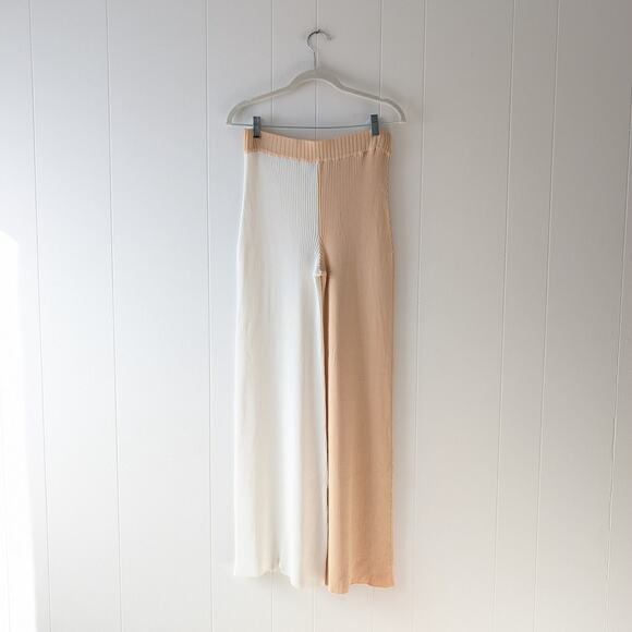 Ronny Kobo Two Tone Ribbed Knit Wide Leg Coloroblock Cream/White Pants, size S - Picture 2 of 7
